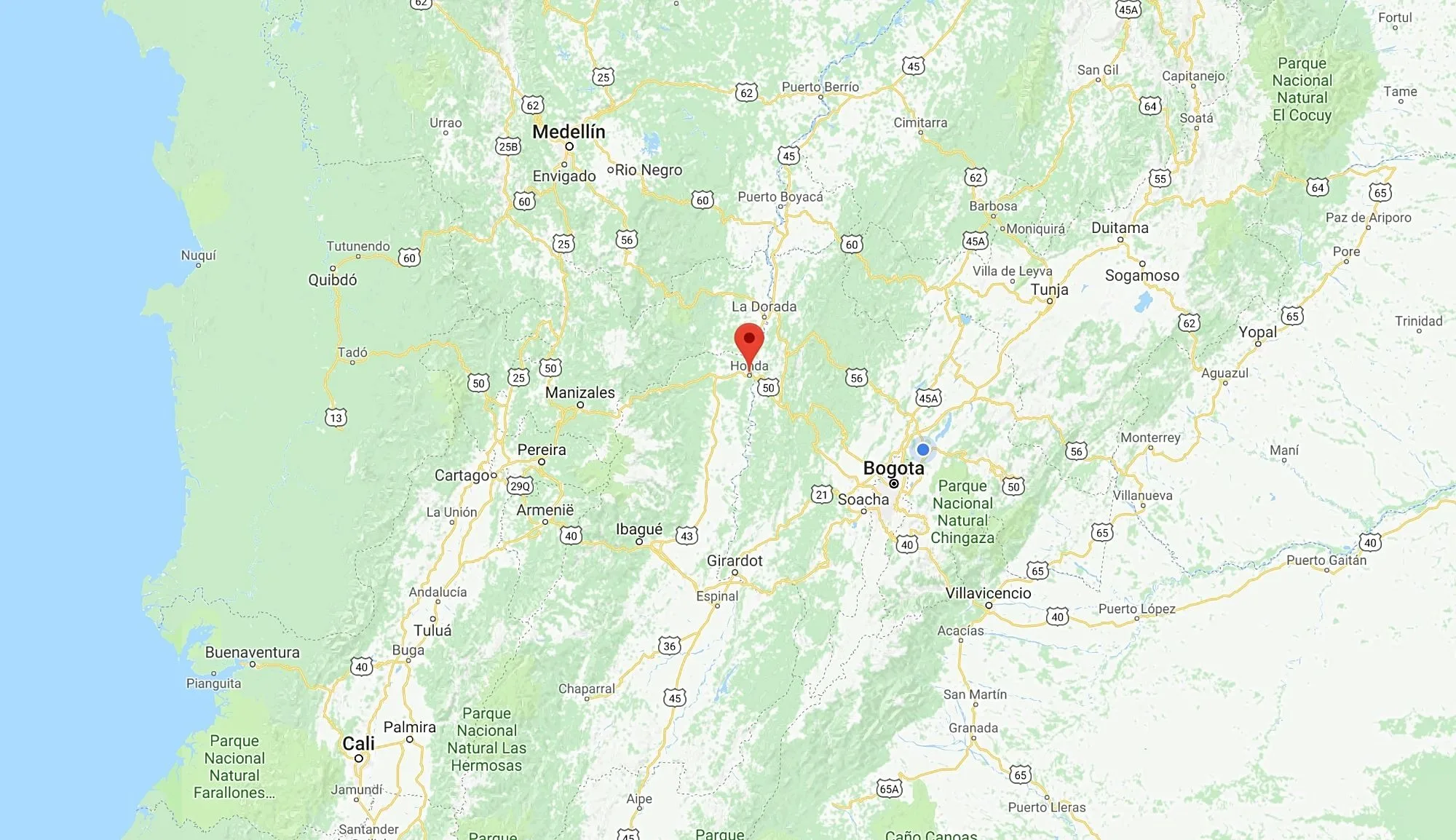 Honda op de kaart van Colombia