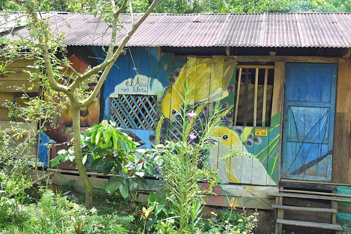 Muurschilderingen inheemse huisjes Puerto Nariño Amazone Colombia